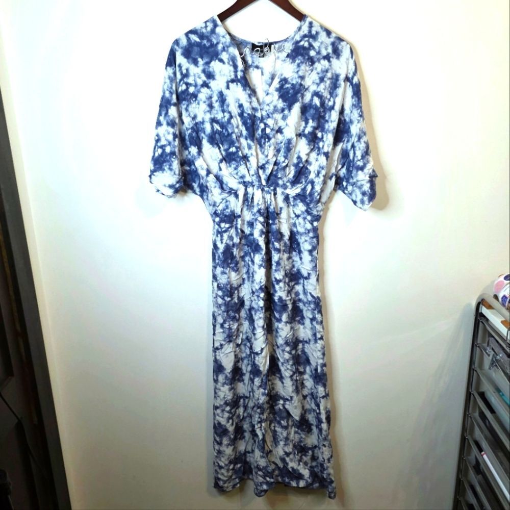 Lucy Paris Blue Tie Dye Front Slit Maxi Dress Size Small